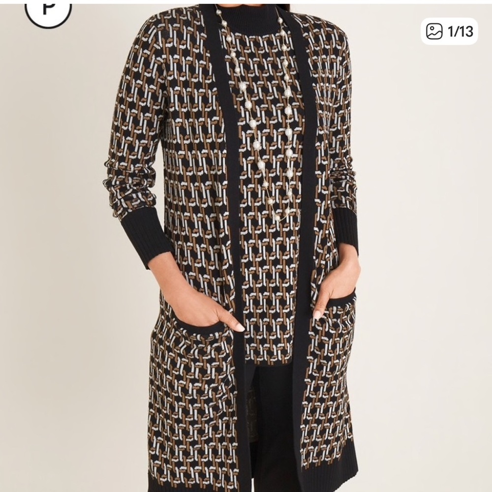 Chico's Black, Brown & Cream Geometric Open-Front Cardigan
